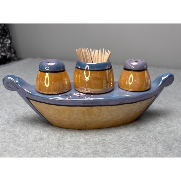 Niagara Falls Lusterware Salt & Pepper Shaker Boat Set with Toothpick Holder - Picture 3 of 11